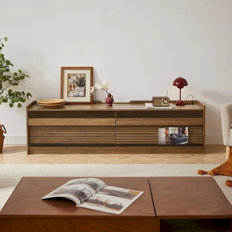 Meuble TV moderne avec tiroirs, ports de chargement intégrés et éclairage LED d'ambiance
