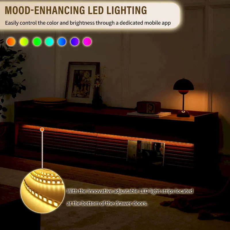 Meuble TV moderne avec tiroirs, ports de chargement intégrés et éclairage LED d'ambiance
