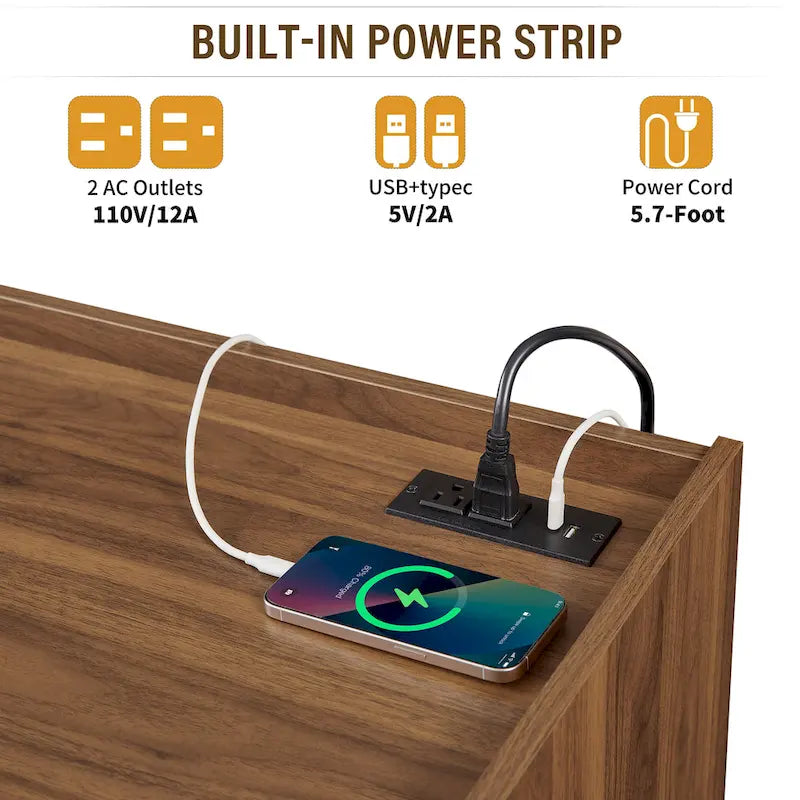 Meuble TV moderne avec tiroirs, ports de chargement intégrés et éclairage LED d'ambiance