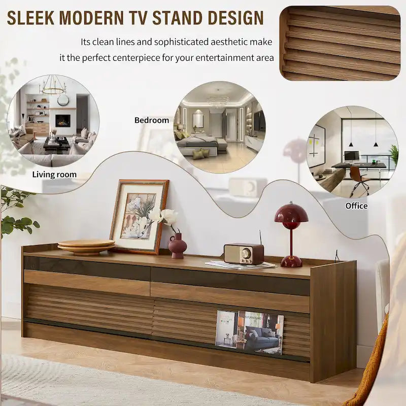 Meuble TV moderne avec tiroirs, ports de chargement intégrés et éclairage LED d'ambiance