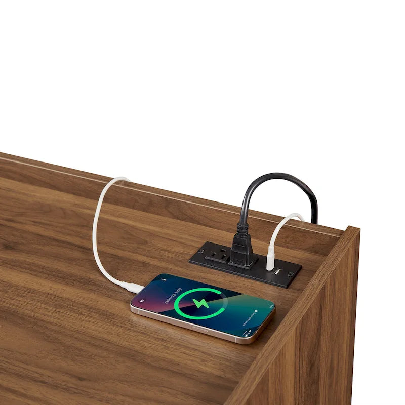 Meuble TV moderne avec tiroirs, ports de chargement intégrés et éclairage LED d'ambiance