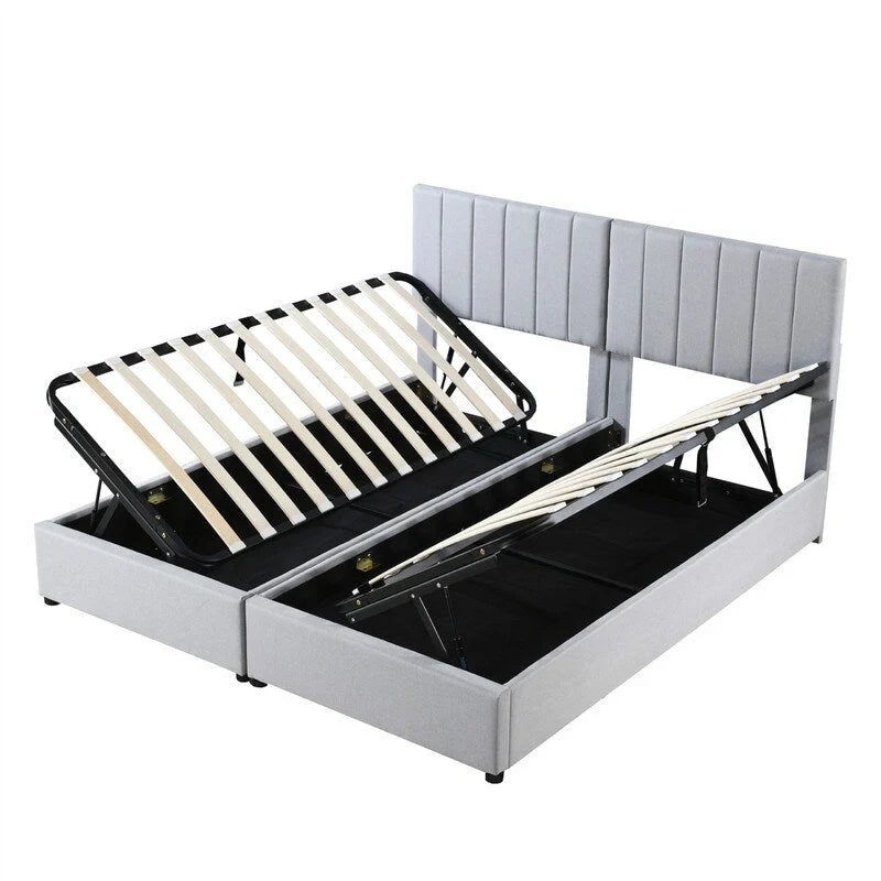 Lit coffre King Size avec tête de lit et rangement sous le lit, lit plateforme rembourré avec système de rangement hydraulique