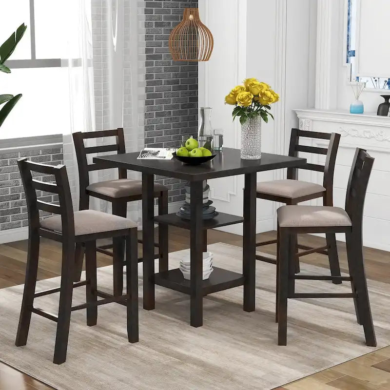 5-Piece Wooden Counter Height Dining Set Kitchen Bar Dining Table Sets with Padded Chairs and Storage Shelving for Kitchen
