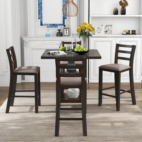 Ensemble de salle à manger 5 pièces en bois, hauteur comptoir, avec table de bar, chaises rembourrées et étagères de rangement pour la cuisine.
