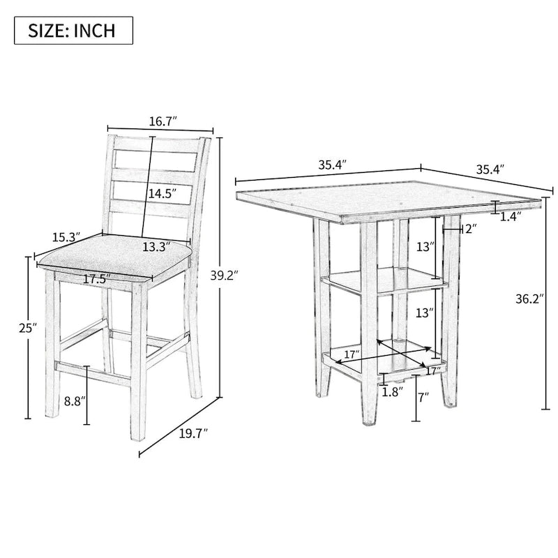 Ensemble de salle à manger 5 pièces en bois, hauteur comptoir, avec table de bar, chaises rembourrées et étagères de rangement pour la cuisine.