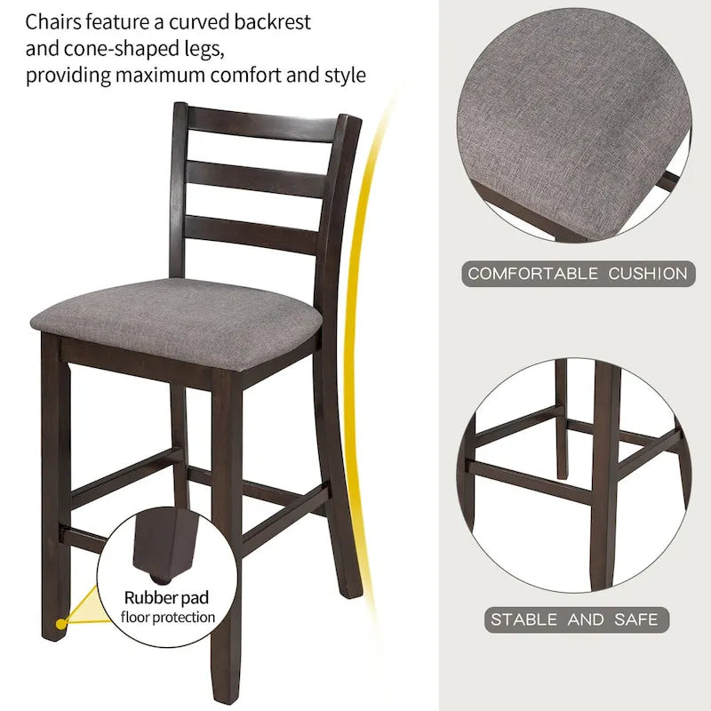 Ensemble de salle à manger 5 pièces en bois, hauteur comptoir, avec table de bar, chaises rembourrées et étagères de rangement pour la cuisine.