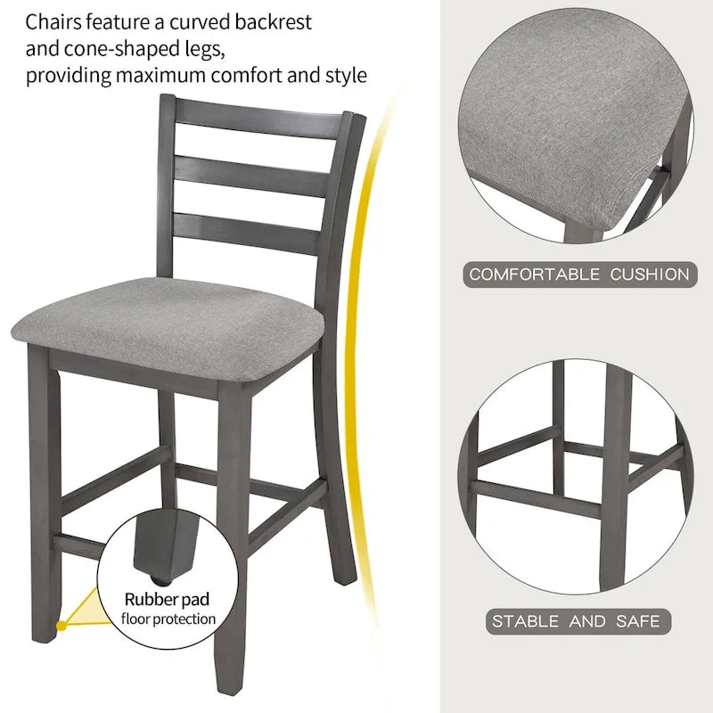 Ensemble de salle à manger 5 pièces en bois, hauteur comptoir, avec table de bar, chaises rembourrées et étagères de rangement pour la cuisine.