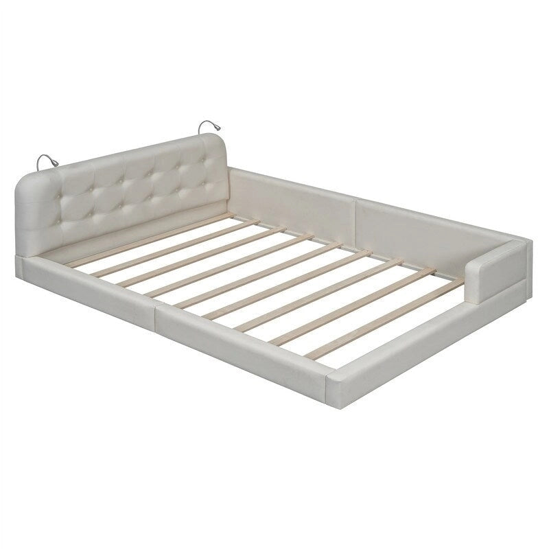 Lit plateforme rembourré avec 2 lampes de lecture intégrées, cadre de lit Queen Size en PU, lit au sol avec tête de lit capitonnée.