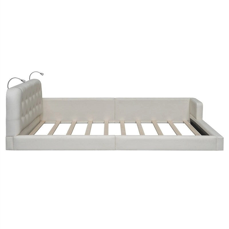 Lit plateforme rembourré avec 2 lampes de lecture intégrées, cadre de lit Queen Size en PU, lit au sol avec tête de lit capitonnée.