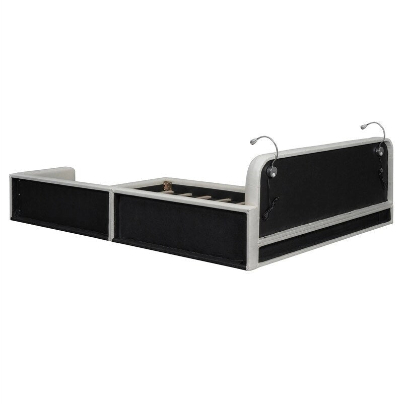Lit plateforme rembourré avec 2 lampes de lecture intégrées, cadre de lit Queen Size en PU, lit au sol avec tête de lit capitonnée.