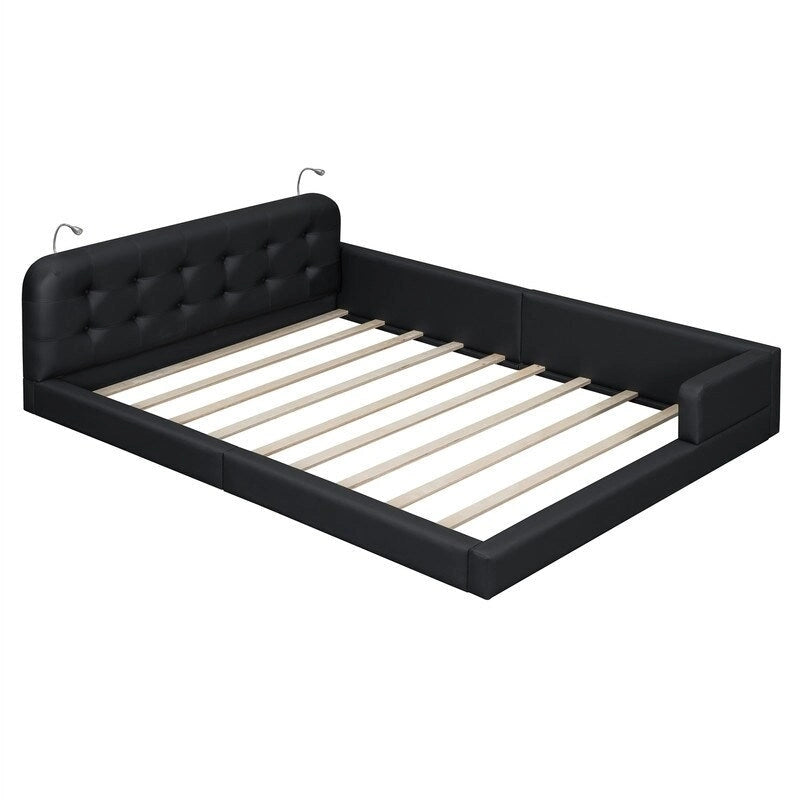 Lit plateforme rembourré avec 2 lampes de lecture intégrées, cadre de lit Queen Size en PU, lit au sol avec tête de lit capitonnée.