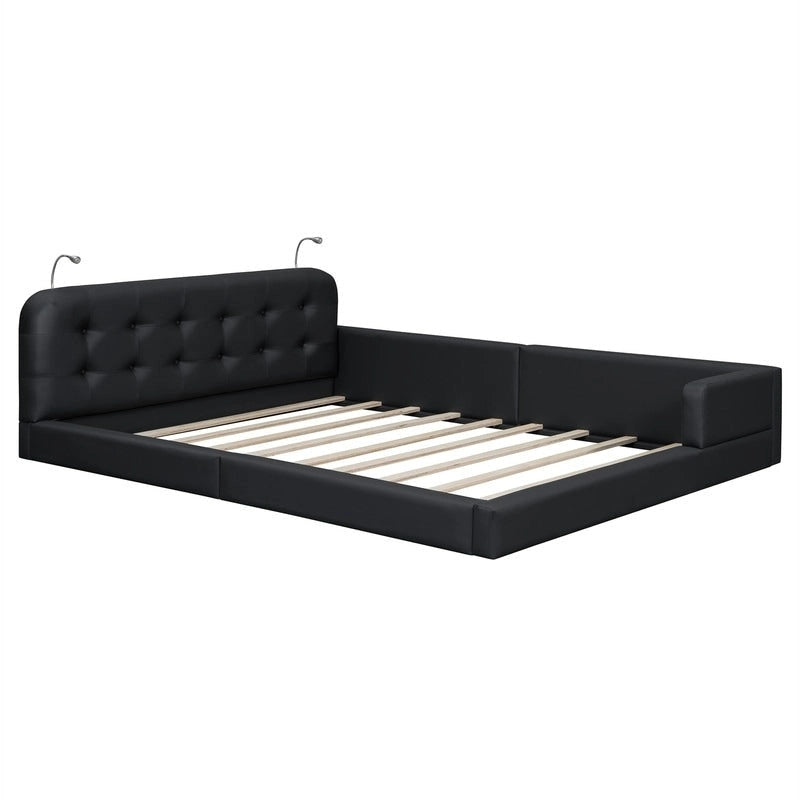 Lit plateforme rembourré avec 2 lampes de lecture intégrées, cadre de lit Queen Size en PU, lit au sol avec tête de lit capitonnée.