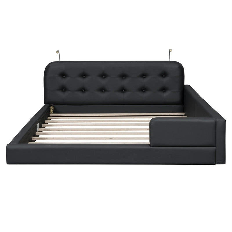 Lit plateforme rembourré avec 2 lampes de lecture intégrées, cadre de lit Queen Size en PU, lit au sol avec tête de lit capitonnée.
