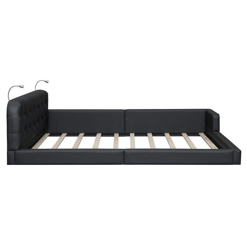 Lit plateforme rembourré avec 2 lampes de lecture intégrées, cadre de lit Queen Size en PU, lit au sol avec tête de lit capitonnée.