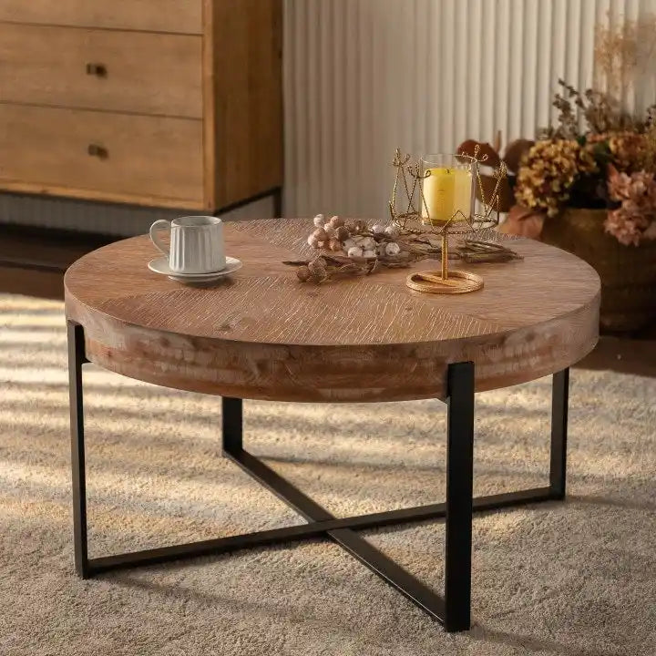 Modern Retro Stitching Round Coffee Table With Fir Wood Tabletop Black Cross Leg Base, for Living Room