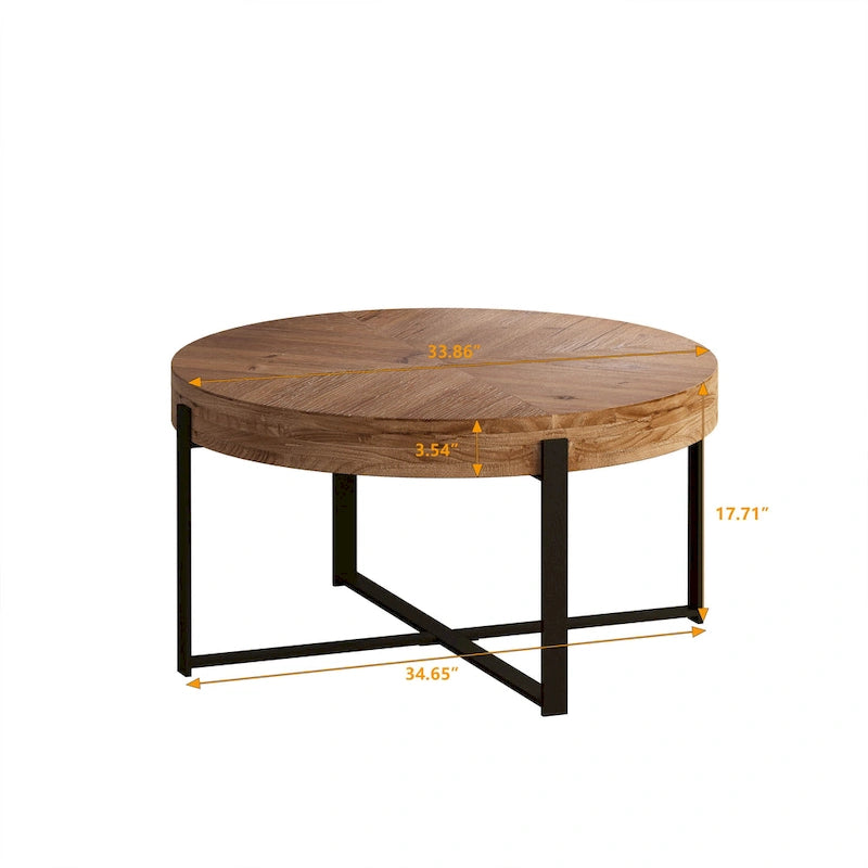 Table basse ronde moderne rétro avec plateau en bois de sapin et piètement croisé noir, idéale pour le salon.