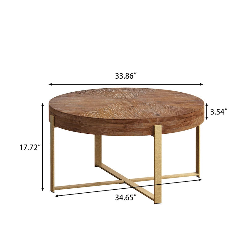 Table basse ronde moderne rétro avec plateau en bois de sapin et piètement croisé noir, idéale pour le salon.