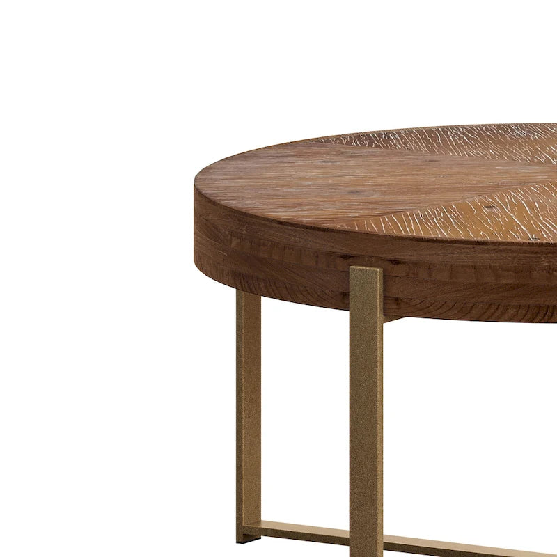 Table basse ronde moderne rétro avec plateau en bois de sapin et piètement croisé noir, idéale pour le salon.