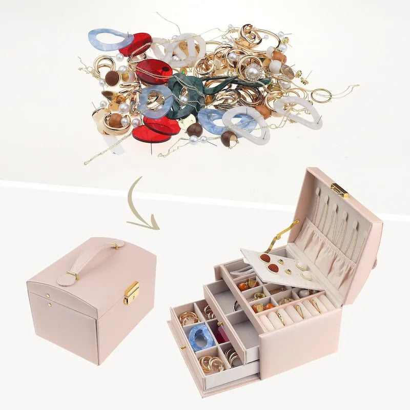 Boîte à bijoux à 3 niveaux pour femme, étui de rangement en cuir PU avec tiroir et plateau amovible.