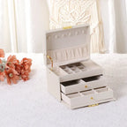 Boîte à bijoux à 3 niveaux pour femme, étui de rangement en cuir PU avec tiroir et plateau amovible.
