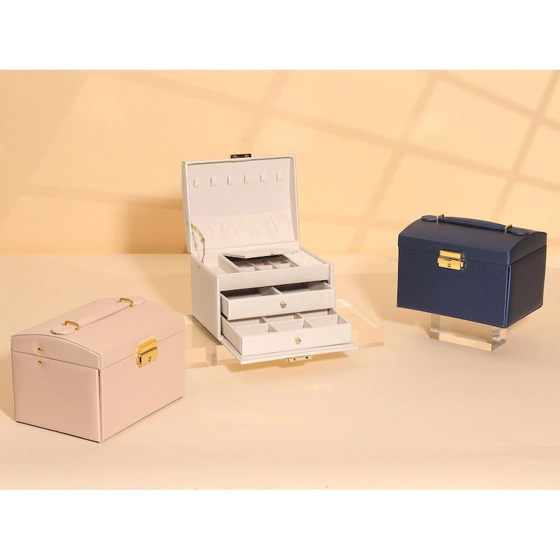 Boîte à bijoux à 3 niveaux pour femme, étui de rangement en cuir PU avec tiroir et plateau amovible.