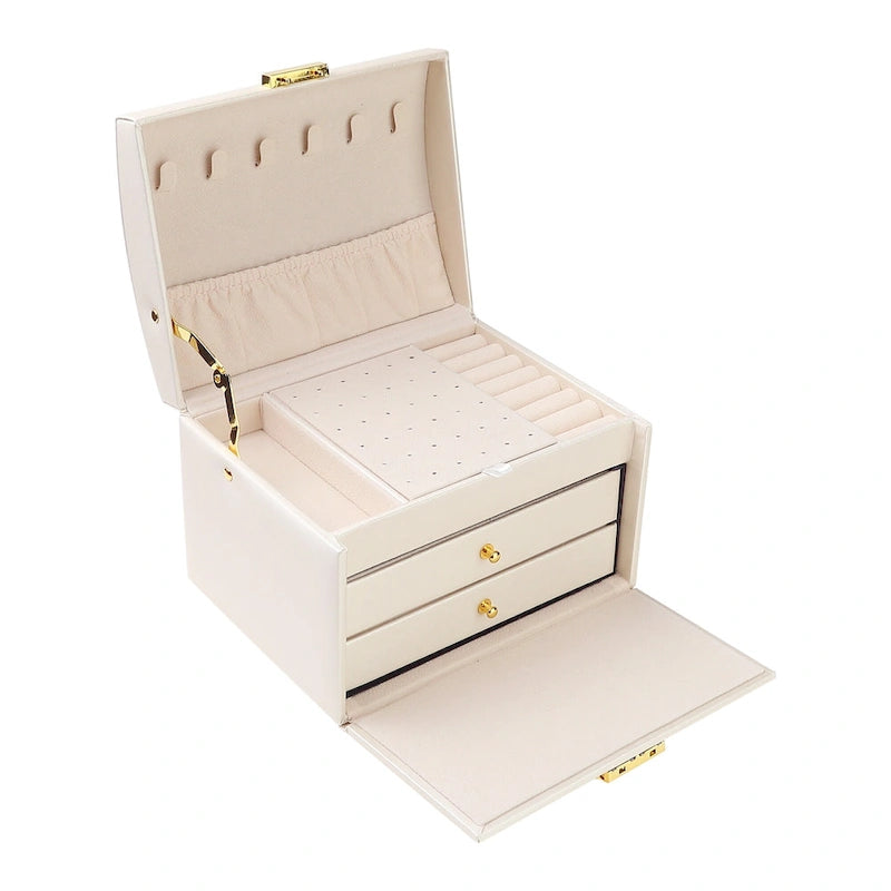Boîte à bijoux à 3 niveaux pour femme, étui de rangement en cuir PU avec tiroir et plateau amovible.