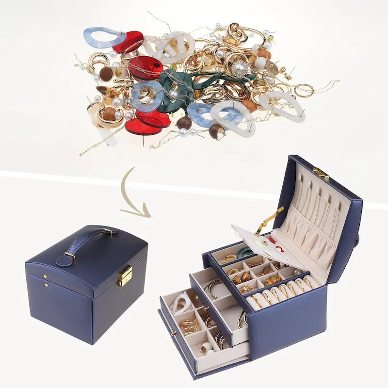Boîte à bijoux à 3 niveaux pour femme, étui de rangement en cuir PU avec tiroir et plateau amovible.