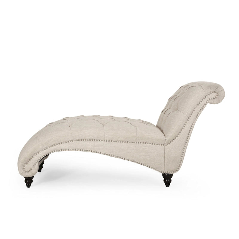 Chaise longue Curb, 162,5 cm, capitonnage à boutons en losanges, tissu beige
