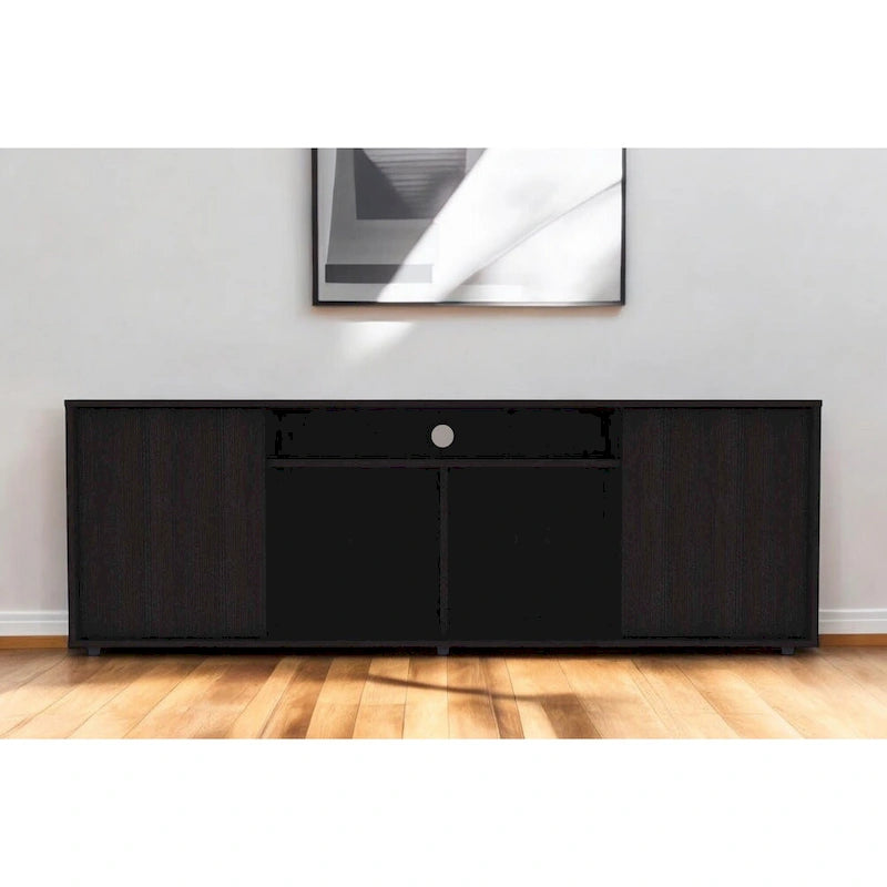 Meuble TV moderne noir pour téléviseurs de 65 pouces avec placards et étagères ouvertes, finition en bois wengé - 51 cm (H) x 150 cm (L) x 38 cm (P)
