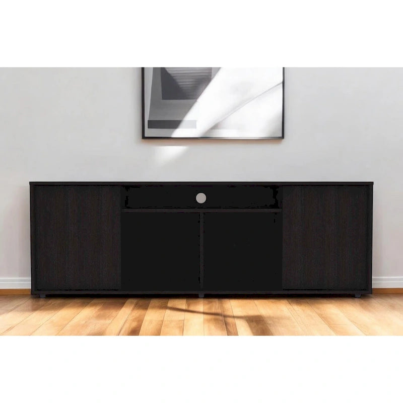 Meuble TV moderne noir pour téléviseurs de 65 pouces avec placards et étagères ouvertes, finition en bois wengé - 51 cm (H) x 150 cm (L) x 38 cm (P)