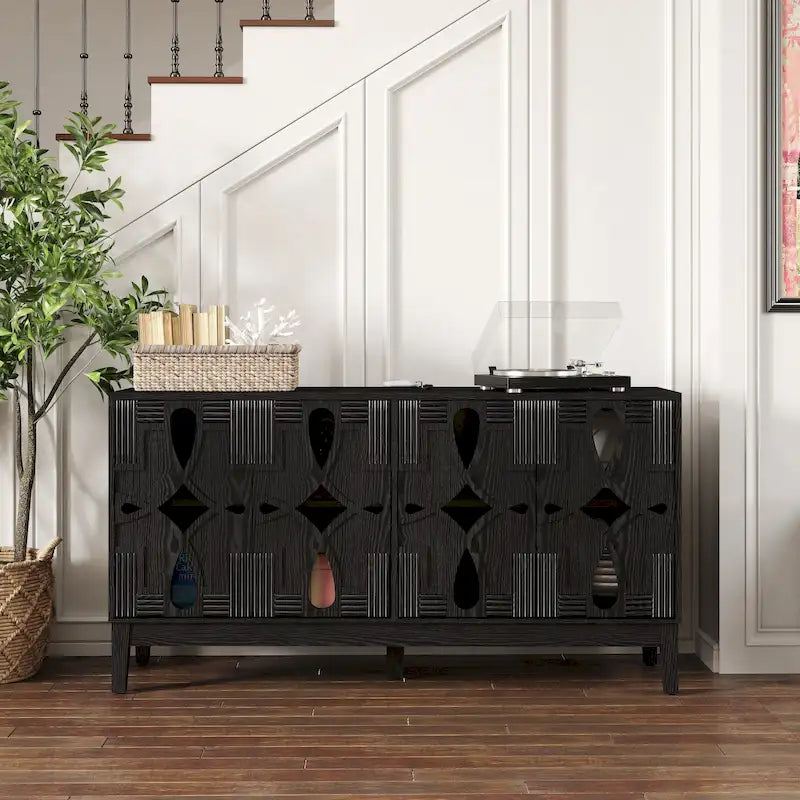 Buffet/meuble d'appoint ajouré, meuble de rangement d'entrée de 60,5 pouces, console multimédia à 4 portes
