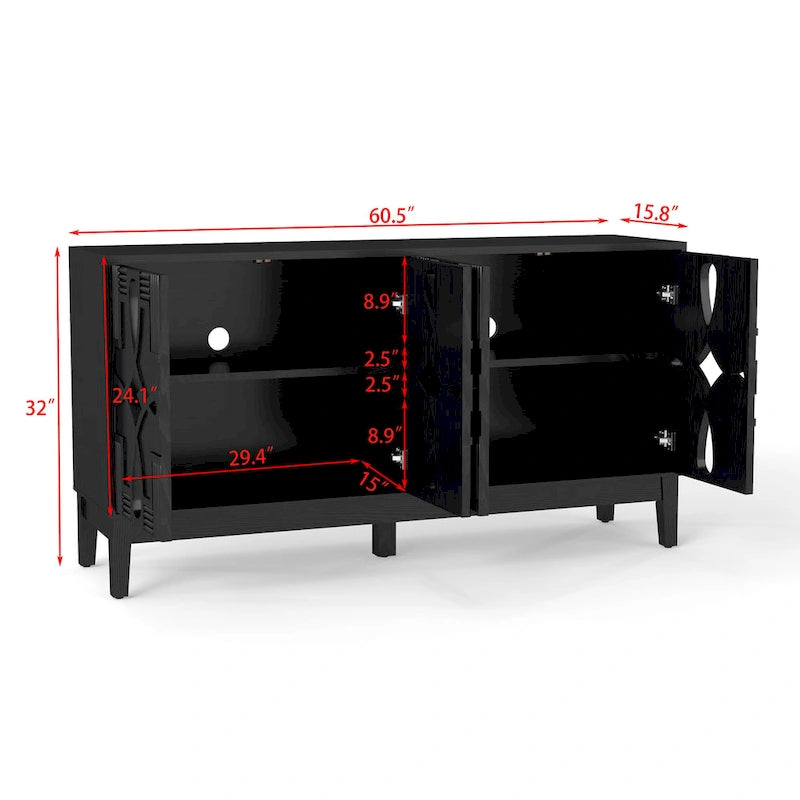 Buffet/meuble d'appoint ajouré, meuble de rangement d'entrée de 60,5 pouces, console multimédia à 4 portes