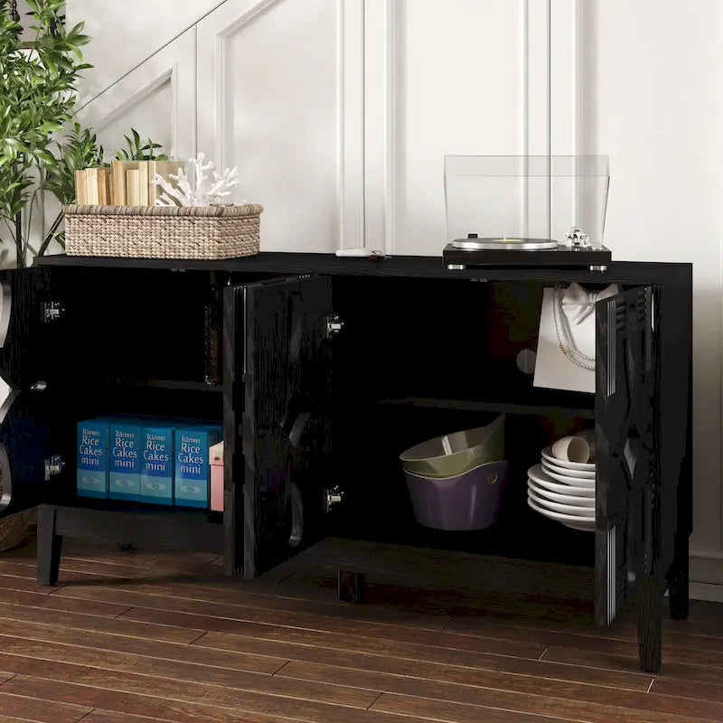 Buffet/meuble d'appoint ajouré, meuble de rangement d'entrée de 60,5 pouces, console multimédia à 4 portes