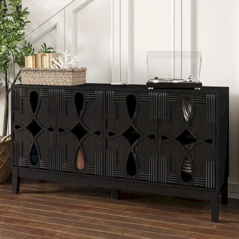 Buffet/meuble d'appoint ajouré, meuble de rangement d'entrée de 60,5 pouces, console multimédia à 4 portes