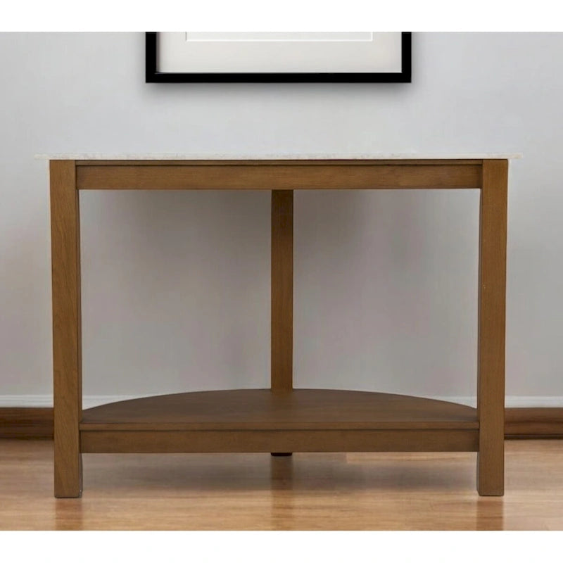 Console demi-cercle en faux marbre blanc avec étagère et base en bois - 41,75 cm L x 20 cm l x 30,25 cm H