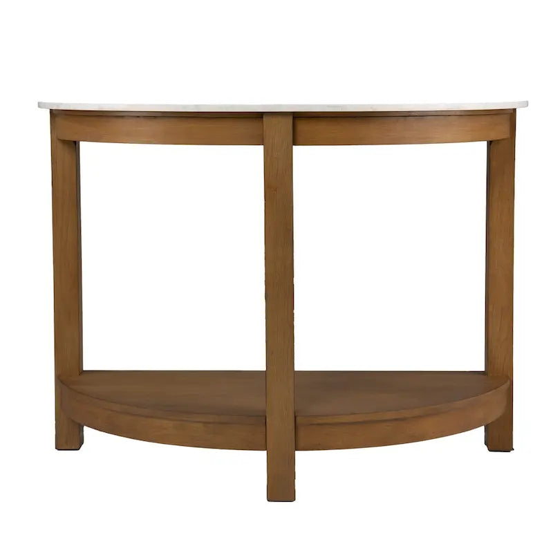 Console demi-cercle en faux marbre blanc avec étagère et base en bois - 41,75 cm L x 20 cm l x 30,25 cm H
