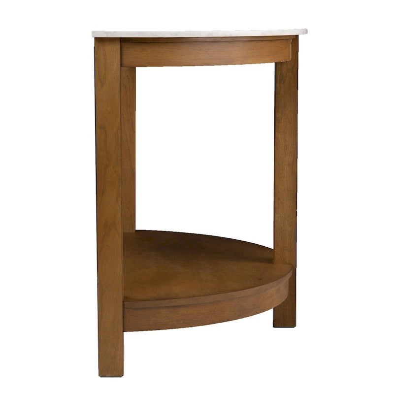 Console demi-cercle en faux marbre blanc avec étagère et base en bois - 41,75 cm L x 20 cm l x 30,25 cm H
