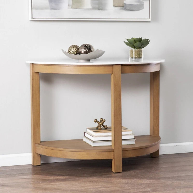Console demi-cercle en faux marbre blanc avec étagère et base en bois - 41,75 cm L x 20 cm l x 30,25 cm H