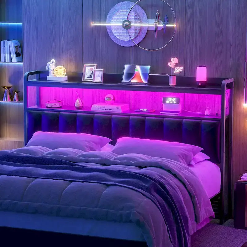 Têtes de lit rembourrées avec station de charge et lumière LED, tête de lit réglable en hauteur avec rangement