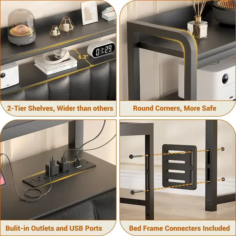 Têtes de lit rembourrées avec station de charge et lumière LED, tête de lit réglable en hauteur avec rangement