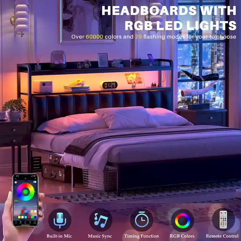 Têtes de lit rembourrées avec station de charge et lumière LED, tête de lit réglable en hauteur avec rangement