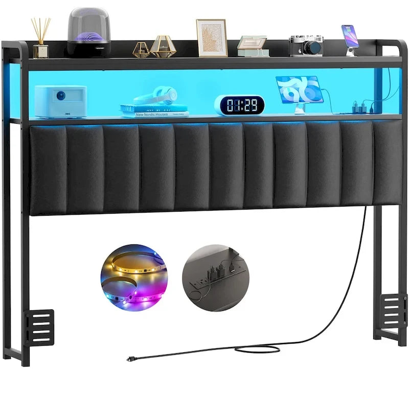 Têtes de lit rembourrées avec station de charge et lumière LED, tête de lit réglable en hauteur avec rangement