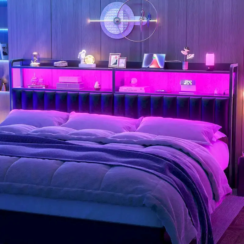 Têtes de lit rembourrées avec station de charge et lumière LED, tête de lit réglable en hauteur avec rangement