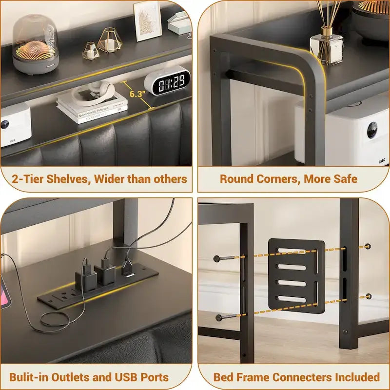 Têtes de lit rembourrées avec station de charge et lumière LED, tête de lit réglable en hauteur avec rangement