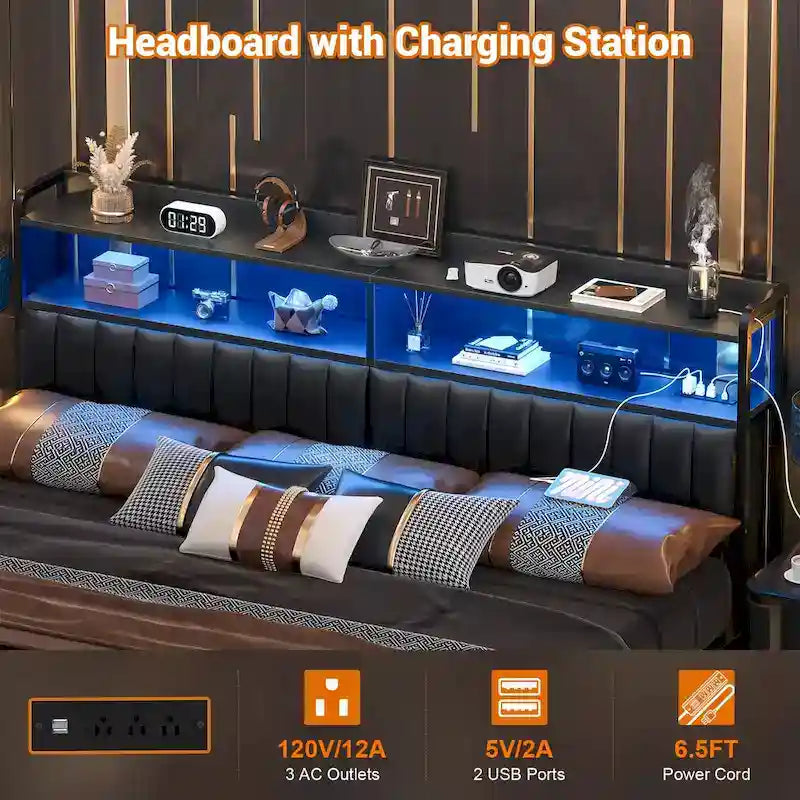 Têtes de lit rembourrées avec station de charge et lumière LED, tête de lit réglable en hauteur avec rangement