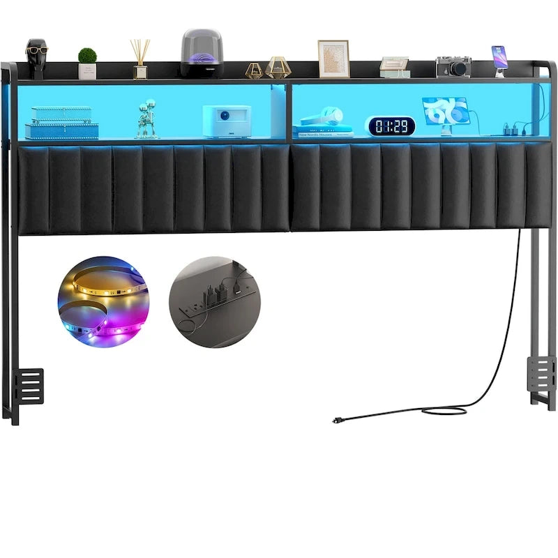 Têtes de lit rembourrées avec station de charge et lumière LED, tête de lit réglable en hauteur avec rangement