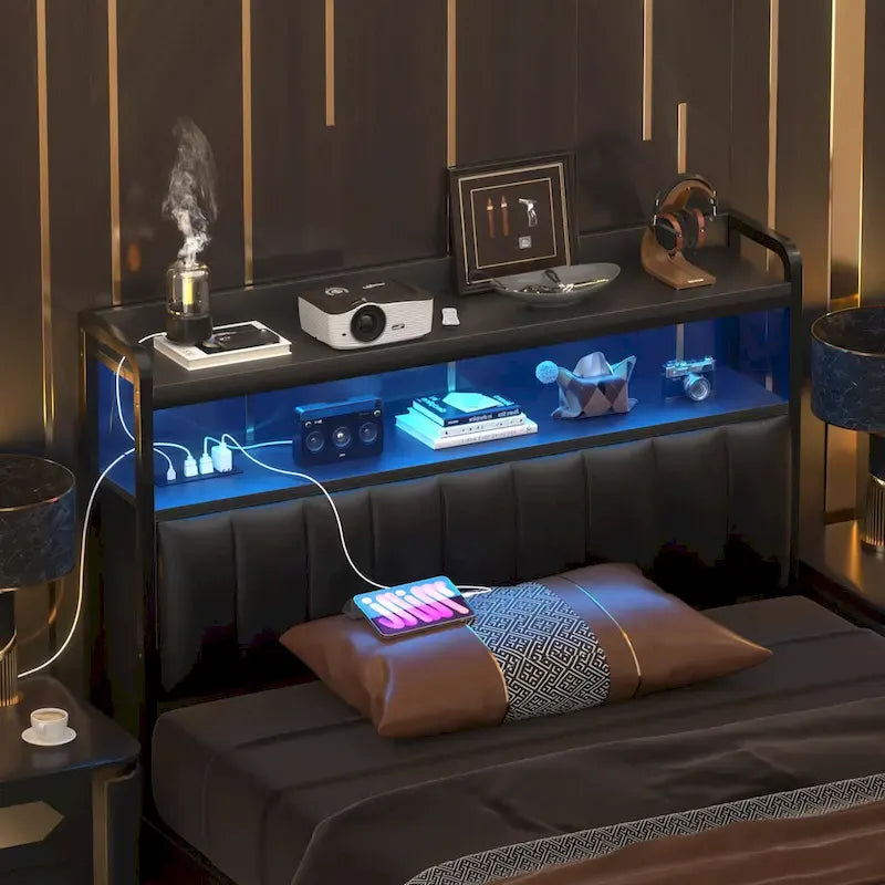 Têtes de lit rembourrées avec station de charge et lumière LED, tête de lit réglable en hauteur avec rangement