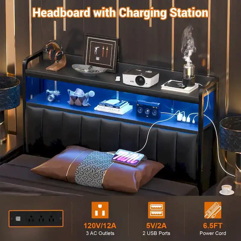 Têtes de lit rembourrées avec station de charge et lumière LED, tête de lit réglable en hauteur avec rangement