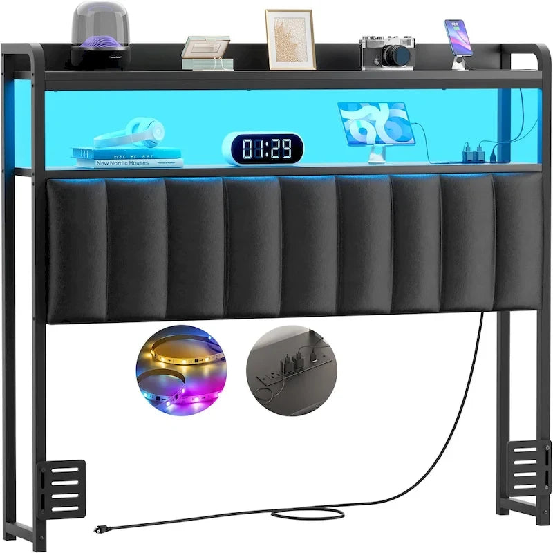 Têtes de lit rembourrées avec station de charge et lumière LED, tête de lit réglable en hauteur avec rangement