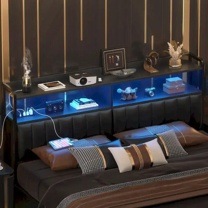 Têtes de lit rembourrées avec station de charge et lumière LED, tête de lit réglable en hauteur avec rangement